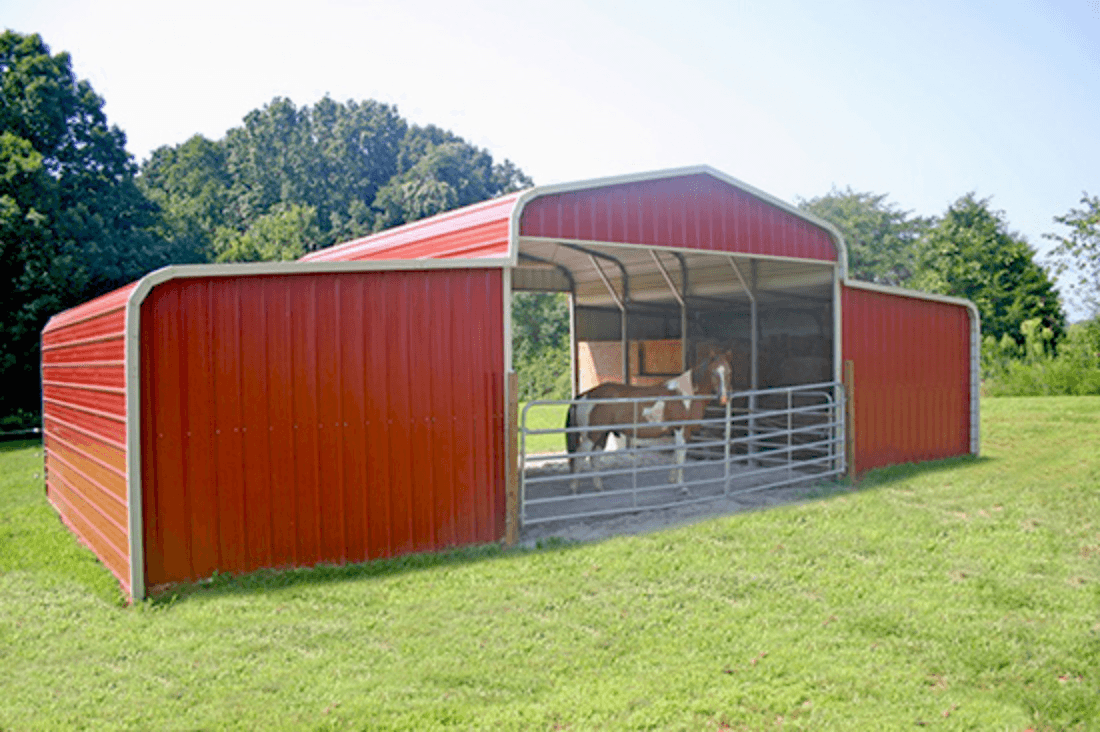 Horse barn regular roof style. Main unit 24&#8242; wide x 20&#8242; long and 13&#8242; tall