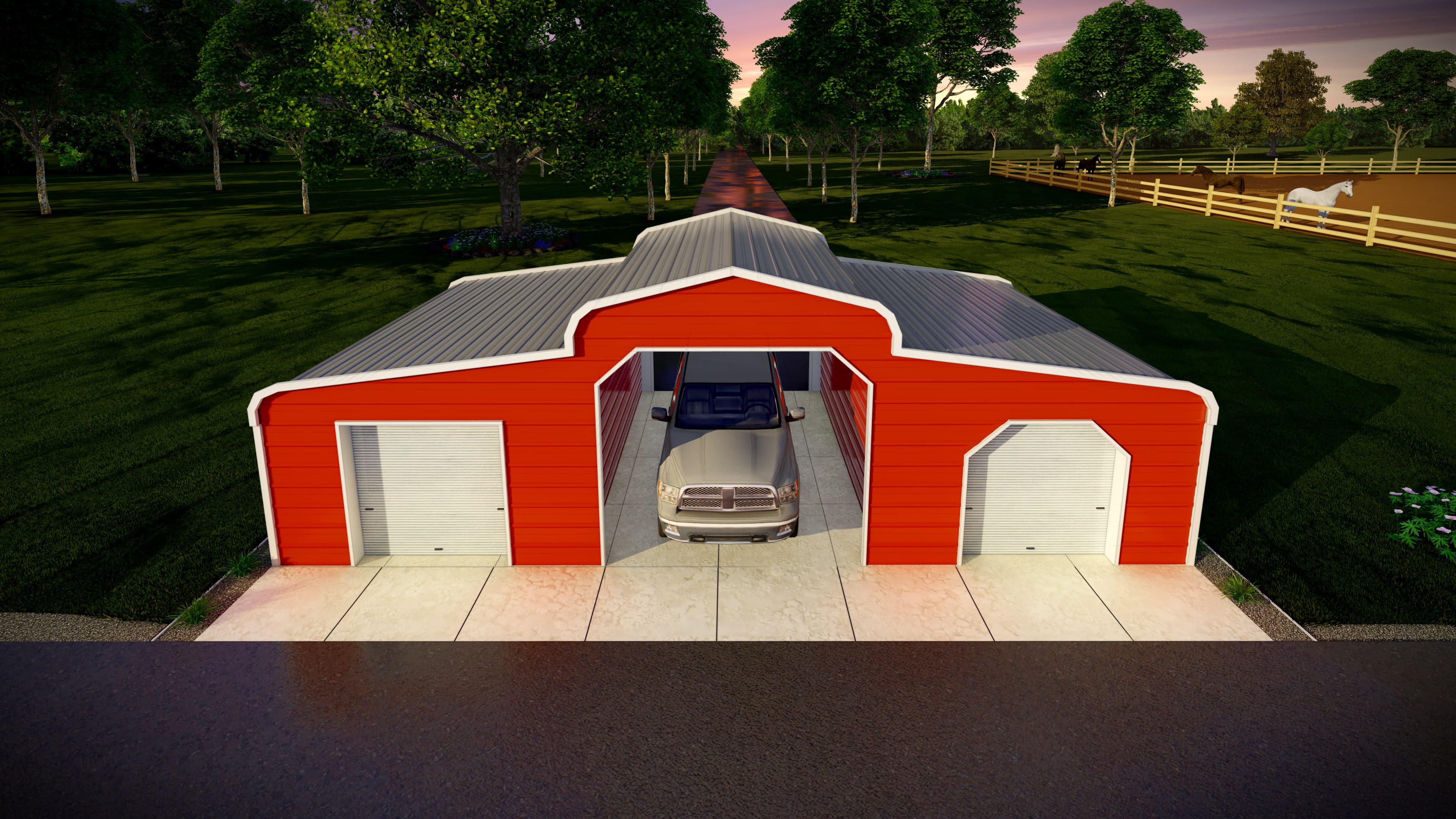 Horse barn regular roof style. Main unit 18&#8242; wide x 35&#8242; long and 12&#8242; tall